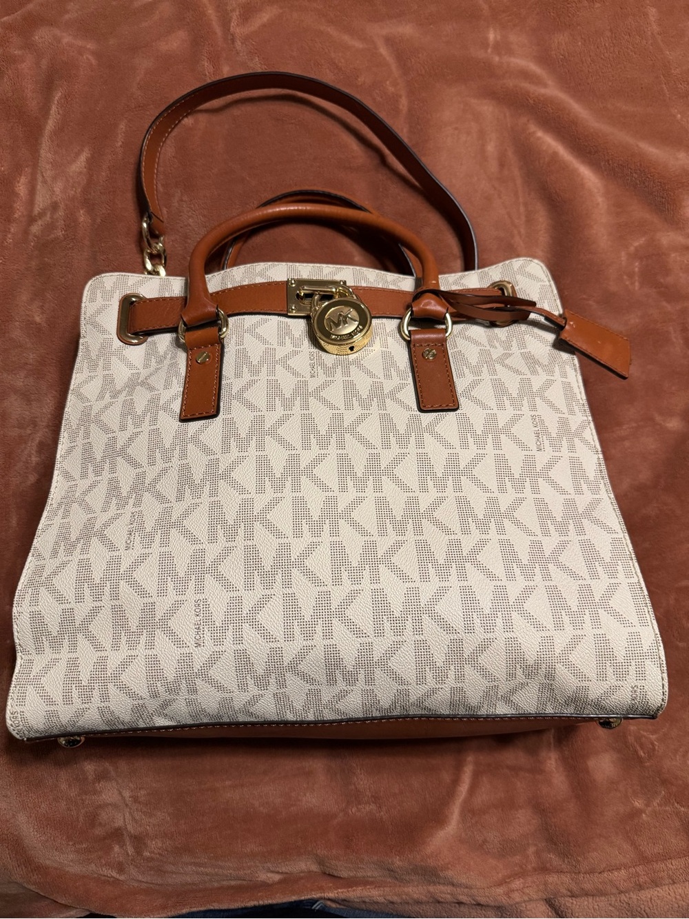 Michael Kors Cream and Brown MK Signature Satchel